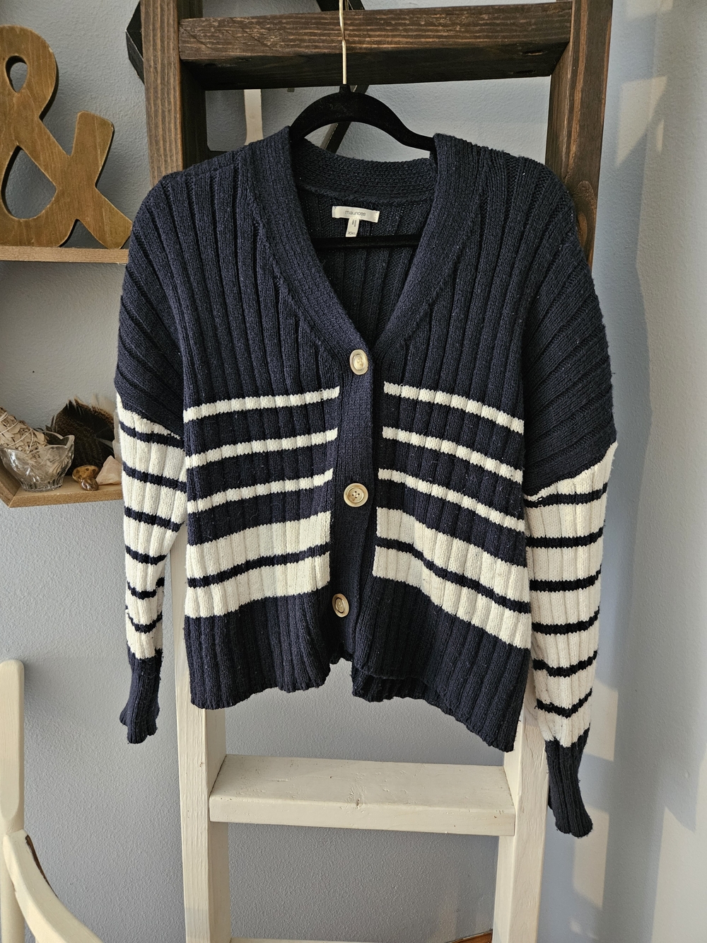Maurices Navy and White Striped Ribbed V-Neck Button Cardigan Size 2X